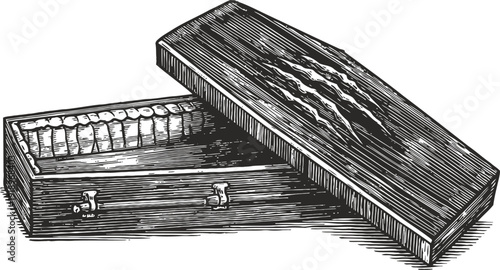 open wooden coffin vintage engraved illustration funeral ritual, burial coffin box with lid angled