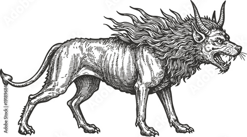 Mythical creature with lion body and goat head fierce chimera beast with horns, wild mane and sharp teeth in aggressive stance