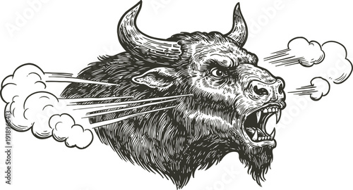 Angry bull head with steam coming out of nostrils, aggressive wild animal, furious expression