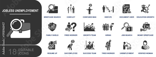 Jobless unemployment icon set. Containing job search, hiring, fired worker, resume, conflict, dispute, sad employee, unemployment policy, money briefcase and more. Solid fill icons.