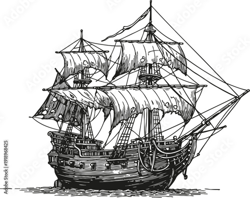 Vintage sailing ship with full sails and intricate rigging classic wooden vessel on the sea nautical transportation and exploration concept