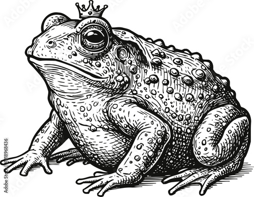 royal toad with crown sitting poised hand drawn detailed amphibian prince illustration vintage nature sketch and fantasy creature