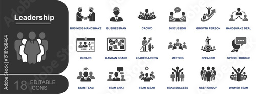 Leadership icon set. Containing business handshake, businessman, crowd, discussion, growth, meeting, speaker, team chat, kanban board, user group, success and more. Solid fill vector icons collection.