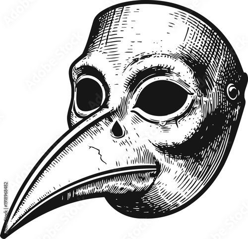 vintage plague doctor mask illustration with long beak and hollow eyes, dark eerie medical costume