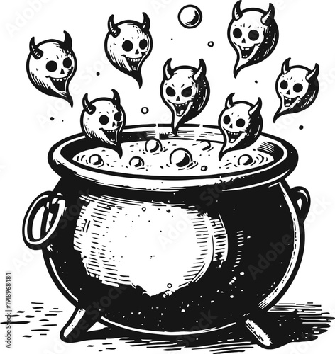 Black cauldron with boiling potion and floating devil skull spirits in spooky halloween theme
