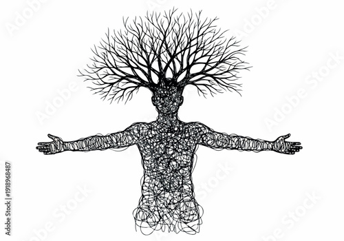 Abstract man-shaped tree symbolizing growth, life, and connection to nature in a unique artistic representation