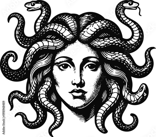 Black and white medusa head illustration with snakes, mythical gorgon figure from ancient greek mythology