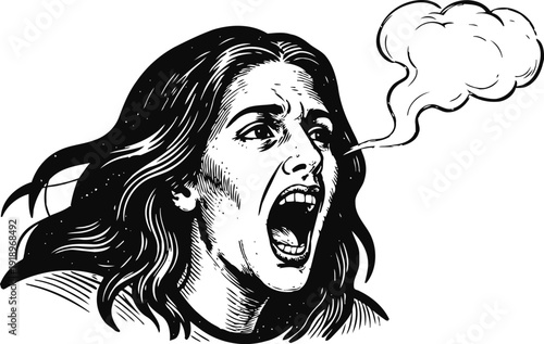 screaming woman with long hair projecting voice, sound waves and stress, vintage ink drawing