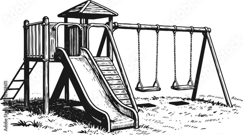 Children's playground with slide and swings set in outdoor park area classic playground equipment in black and white sketch