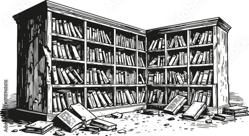 Old library corner with wooden bookshelves filled with books and scattered open books on floor