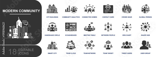 Modern community icon set. Containing city buildings, community analytics, connected homes, contact card, crowd, global person, handshake, dashboard, meeting, network, organization, smart city and mor