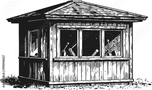 Wooden kiosk with control panel equipment vintage illustration of small booth with windows and roof