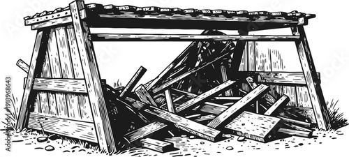 Old wooden shed collapsed pile of broken boards and debris abandoned structure