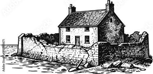 Vintage countryside stone house by water with protective stone wall illustration