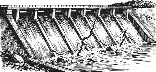 Dam with water flowing over cracked concrete structure and rocks in riverbed illustration