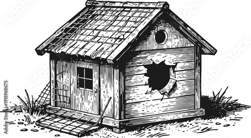Old rustic wooden doghouse with broken wall and shingle roof in sketch