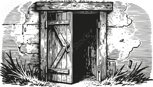 Old wooden cellar door half open in stone wall, vintage rustic entrance with grass, countryside storage access