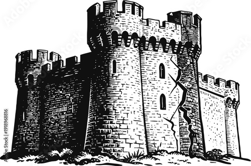 Ancient stone fortress with high battlements and cracked wall, medieval castle defensive structure