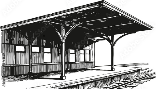 Vintage train station platform with canopy structure and wooden walls in black and white sketch