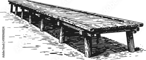 Long wooden pier extending over calm water, vintage hand drawn illustration