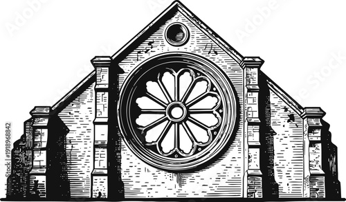Vintage architectural art of a circular rose window on old church facade vintage engraving