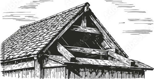 Vintage wooden roof structure illustration traditional timber framing architecture design
