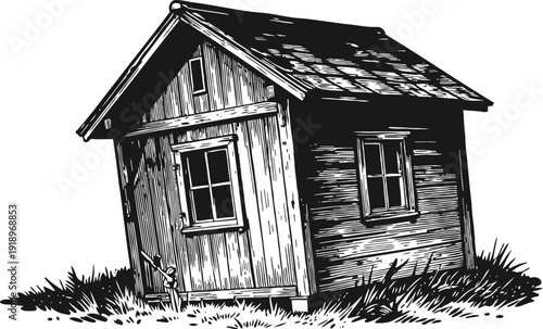 Old wooden shack isolated black and white illustration of rustic small cabin in grass