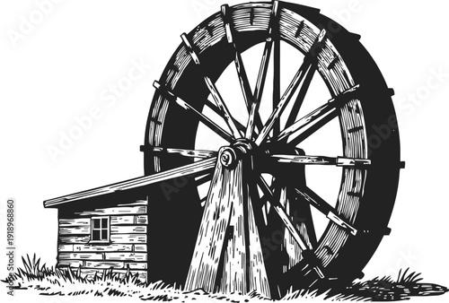 Vintage wooden water wheel attached to old rustic mill house in countryside