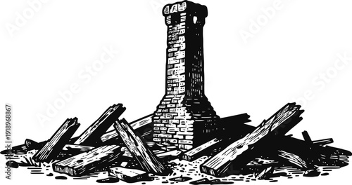 Old brick chimney standing amid wooden debris ruins vintage black and white ruin illustration