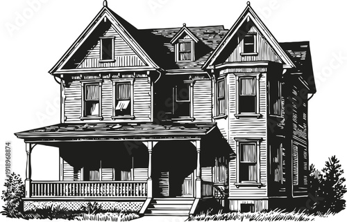Vintage victorian house illustration with detailed architectural design and front porch