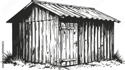 Rustic wooden shed with slanted roof standing on grass, detailed black and white vintage illustration