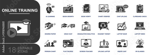 Online training icon set. Containing AI learning, certification, course analytics, video lessons, chat upload, checklists, graduation, VR glasses and more. Solid vector icons collection.