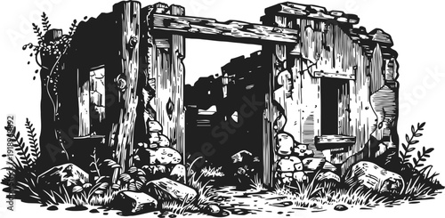 Ruined stone building with broken walls and wooden beams surrounded by overgrown grass and rocks