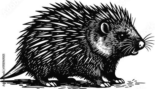 Hand drawn porcupine illustration wildlife animal with quills, spines and whiskers nature forest creature in black and white
