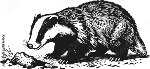 Black and white badger digging soil woodland forest animal, nature wildlife sketch illustration