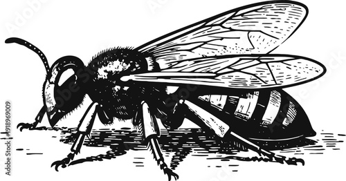Detailed black and white illustration of a wasp with visible wings and segmented body