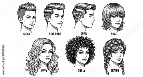 Collection of Diverse Hairstyles for Men and Women Illustrated.