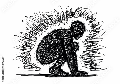 Illustration of a person in a fetal position, enclosed by chaotic, scribbled lines, symbolizing distress or mental anguish