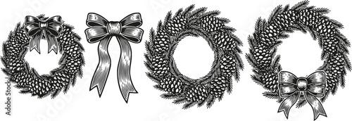 vintage pine wreaths and decorative bows in detailed black and white engraving