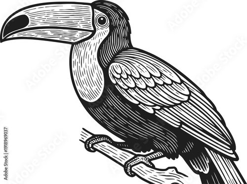 Detailed black and white illustration of a toucan perched on a branch with distinctive large beak and feathers