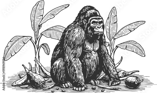 Black and white detailed illustration of a gorilla sitting near banana plants and fallen fruit