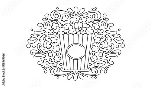 Decorative Popcorn Coloring Page Vector with Festive Line Art and Cute Snack Theme