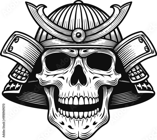 Samurai skull wearing traditional japanese warrior helmet, detailed black and white illustration