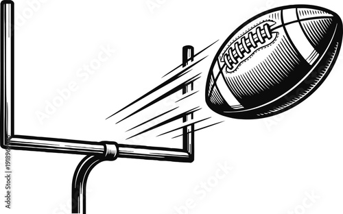 American football ball flying toward goalpost for scoring touchdown, sports action illustration