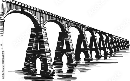 Long stone aqueduct bridge with multiple arches crossing over water in black and white illustration