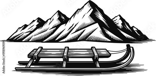 Wooden sled in front of mountain range winter sport equipment, snow fun and adventure
