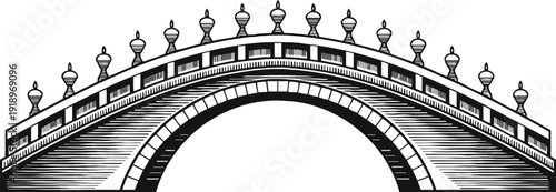 Decorative black and white bridge illustration with ornate railing and spiked finials in vintage