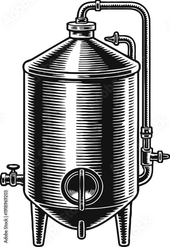 Vintage distillation apparatus with pipes and valves, industrial metal container for liquid processing