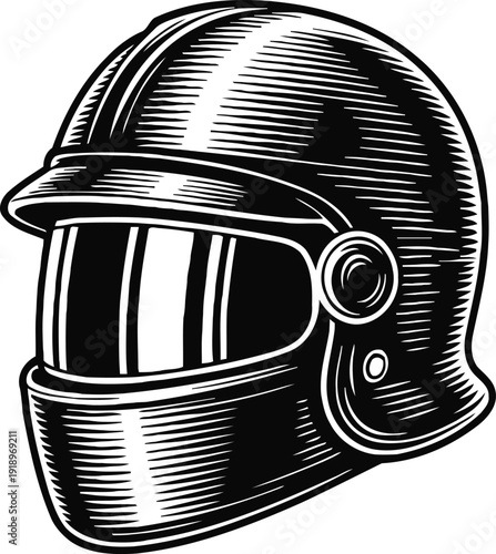 Black motorcycle helmet illustration with visor and protective gear detailed engraving