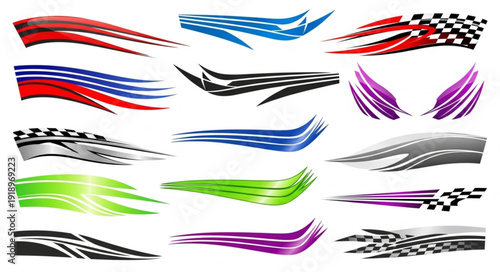 Collection of racing car decals and stickers for automotive customization.
